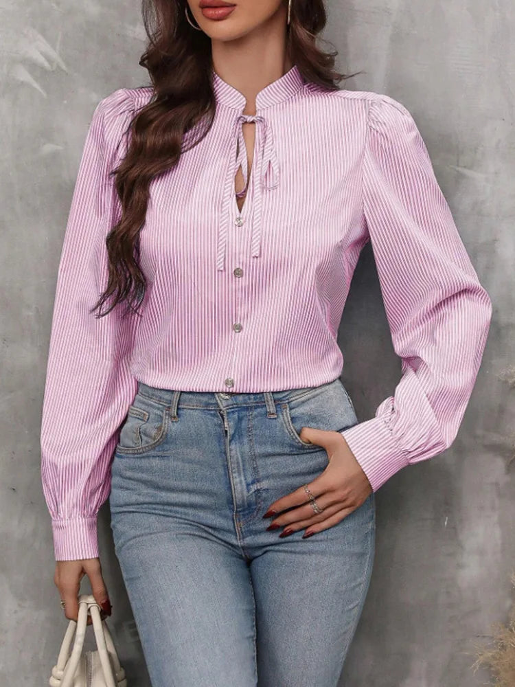 Elegant V-Neck Button-Down Shirt – Women's Long-Sleeve Striped Blouse for Office & Work Wear
