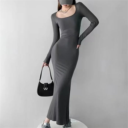 Low Cut Mermaid Dress – Sexy Long Sleeve Solid Color Outfit for Women