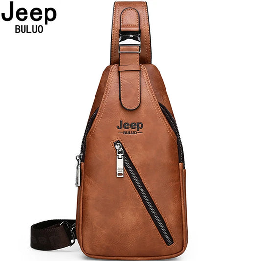 JEEPBULUO Men's Leather Chest Sling Bag – High-Quality Split Leather Crossbody