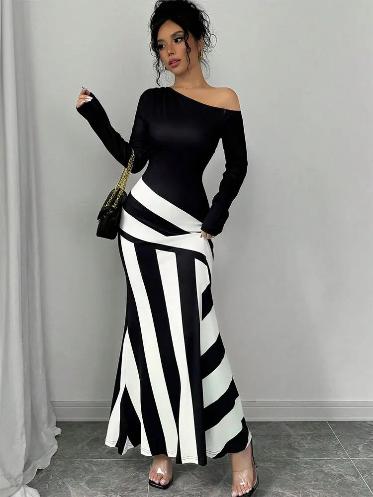 Sexy Patchwork Maxi Dress – Slim Fit Knitted Streetwear for Women