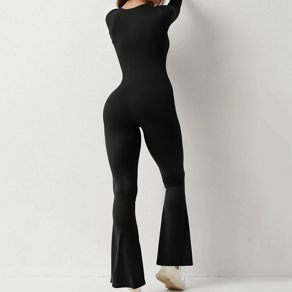 Elegant Square-Neck Flared Jumpsuit – Women's Long-Sleeve Slim Fit Bodycon Romper for Autumn