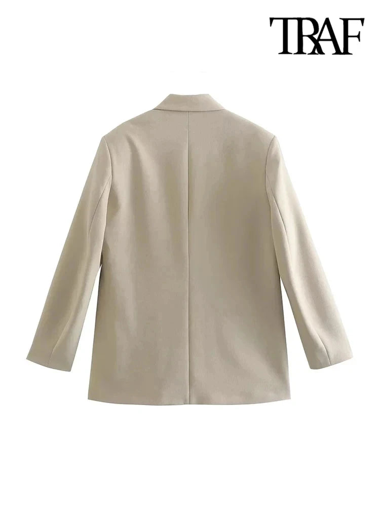 Chic Double-Breasted Blazer Coat – Women's Loose-Fit Long Sleeve Vintage Outerwear with Pockets