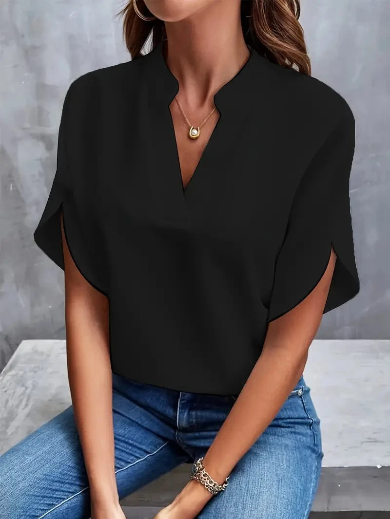 Elegant Chiffon V-Neck Blouse – Women's Loose Long-Sleeve Tunic for Spring & Summer