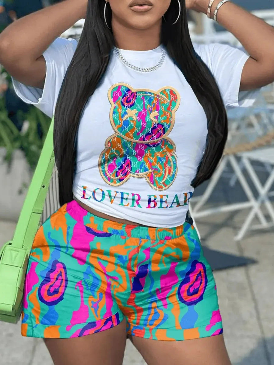 2023 Women's Casual O-neck Cartoon Print T-Shirt & Shorts Set