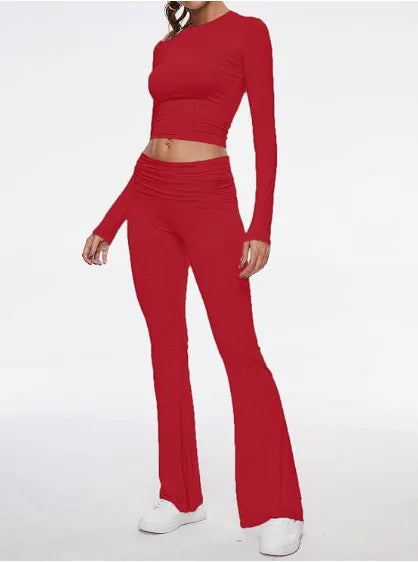 2024 Women’s 2-Piece Set - Round Neck Short Top & Low Waist Flare Pants