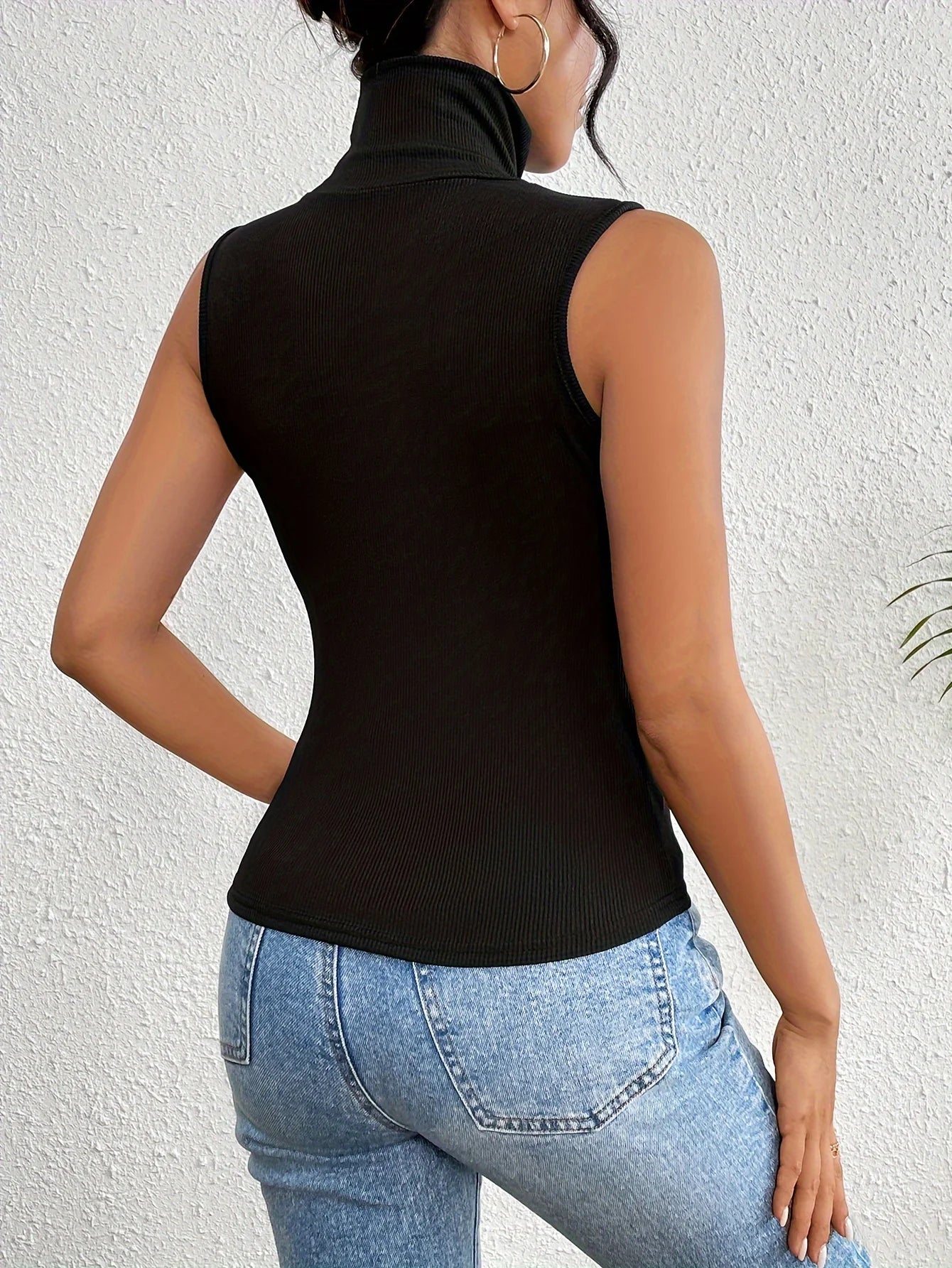 Solid Color High Neck Slim Fit Ribbed Knitted Sleeveless Sweater for Women