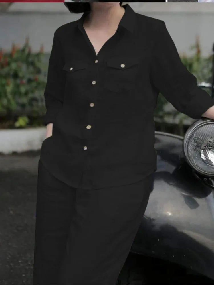 Women’s Elegant Lapel Shirt & Pants Set - Autumn Work Tracksuit