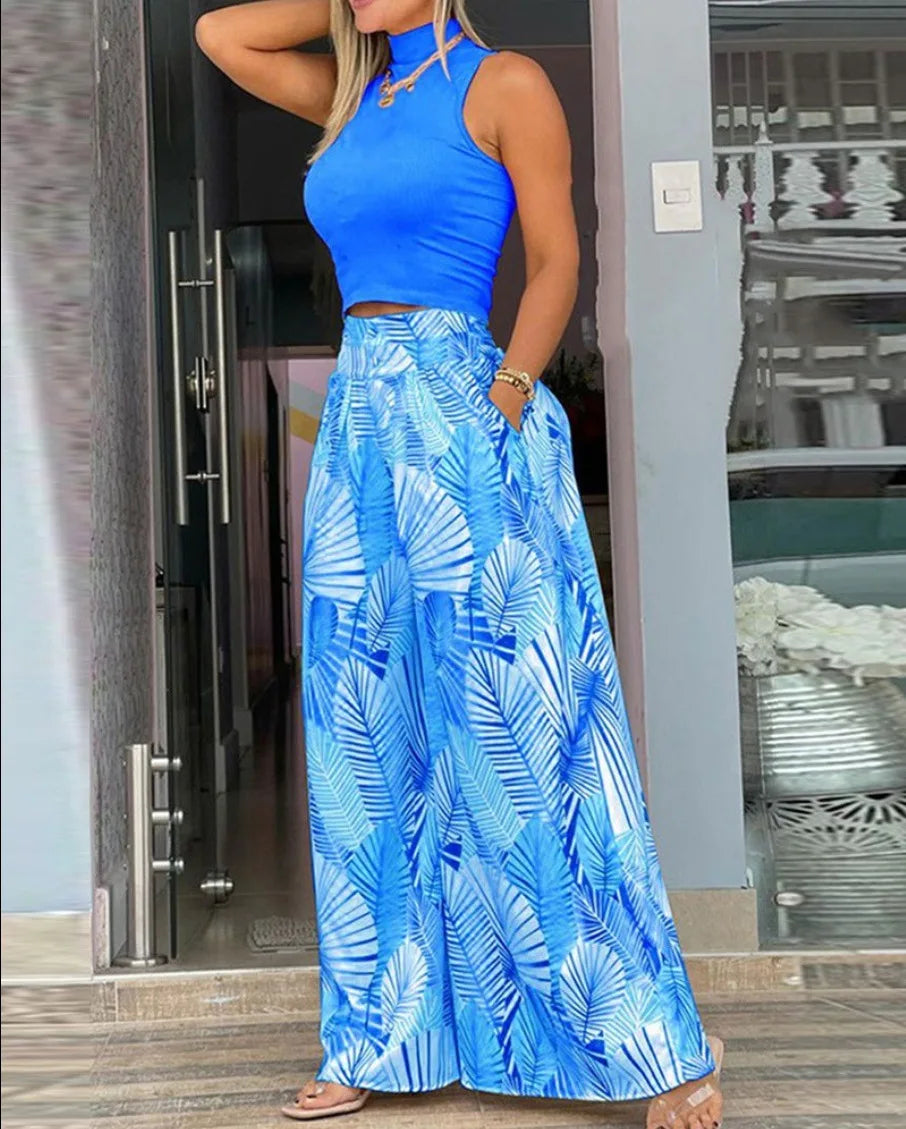 Summer 2024 Women’s Print Two-Piece Set - Sleeveless T-Shirt & Wide Leg Pants