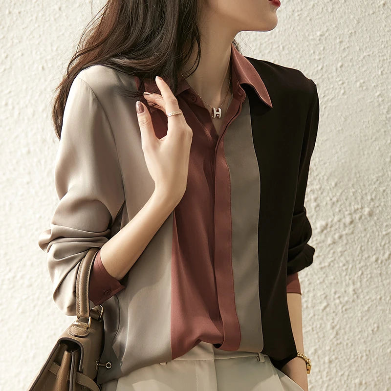 2024 Women’s Satin Button Blouse - Vintage Polo Collar Long Sleeve Top