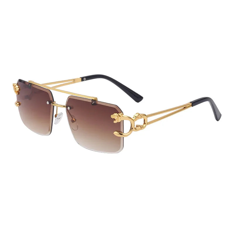 Trendy Leopard Rimless Sunglasses with Double Bridge, Gradient Lenses & UV400 Protection