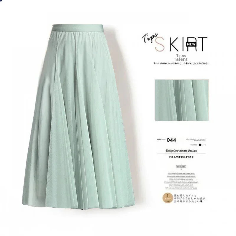 Elegant High-Waisted Pleated Mesh Skirt – Women's Chic A-Line Long Dance Skirt
