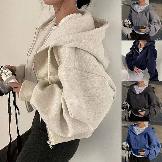 2024 Women’s Navy Blue Fleece-Lined Zip-Up Hoodie — Slim Cropped Sweatshirt