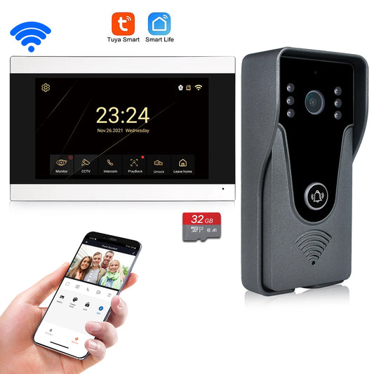 Wireless WiFi Video Intercom – 1080P Smart Doorbell with Touch Screen, 32GB Card, 2-Way Audio & TUYA App Unlock