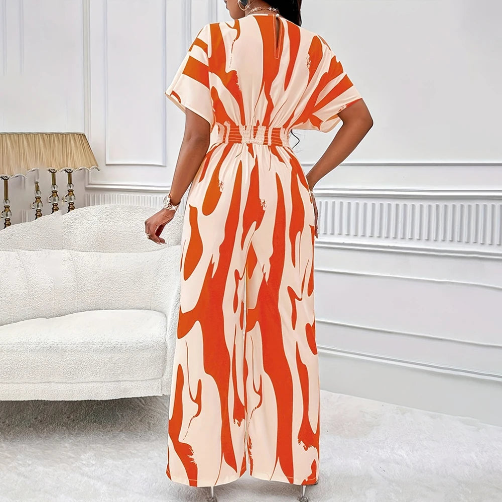 Summer Wide-Leg Jumpsuit – High Waist, Short Sleeve