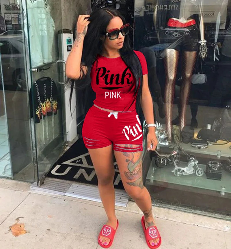 Hot Selling European & American Women's Summer Pink Letter Print Shorts Set