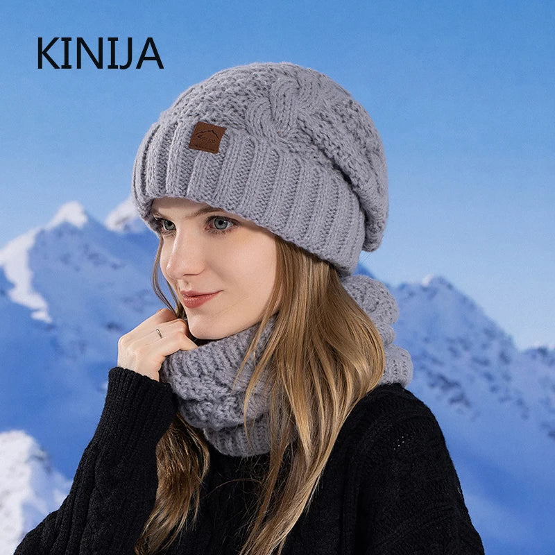 Winter Women's Knitted Hat & Scarf Set with Fleece Lining - Warm Skullcap for Outdoor Cycling & Wind Protection