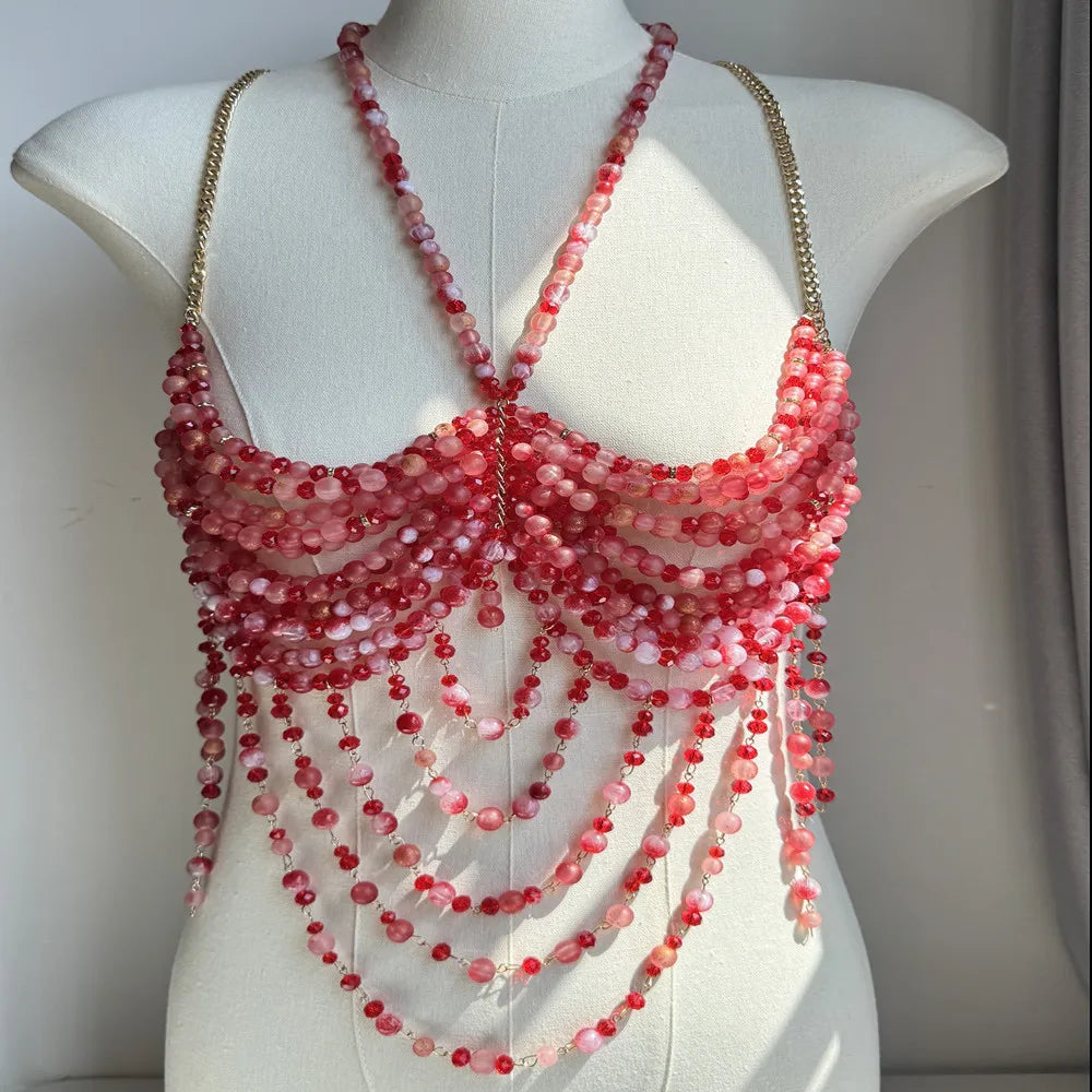 Exaggerated Pearl Beaded Body Chain – Women's Hollow-Out Bustier Camisole for Club & Rave Fashion