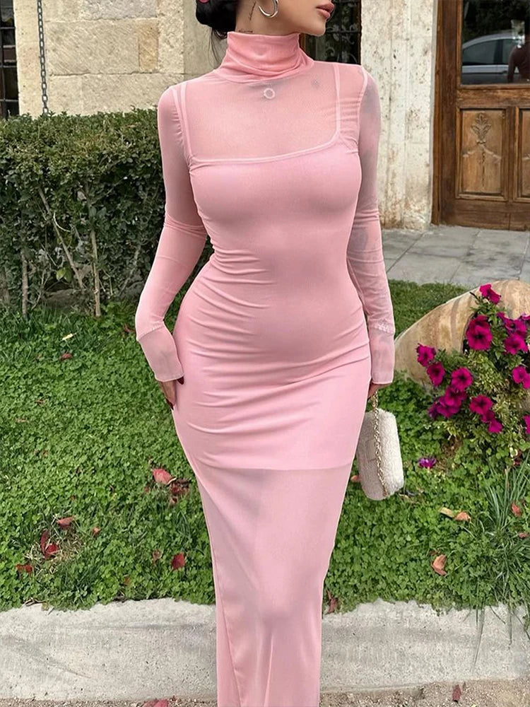 Sexy Mesh 2-Piece Maxi Dress – Slim Turtleneck Long Sleeve Party Dress for Women