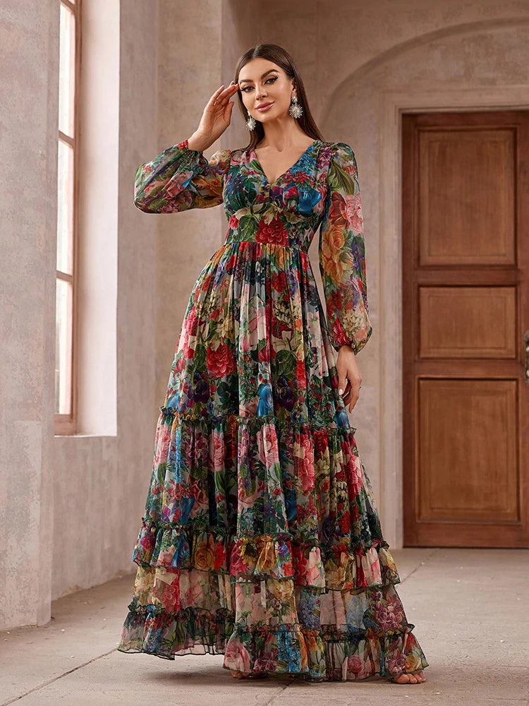 TOLEEN Boho Floral Frill Maxi Dress