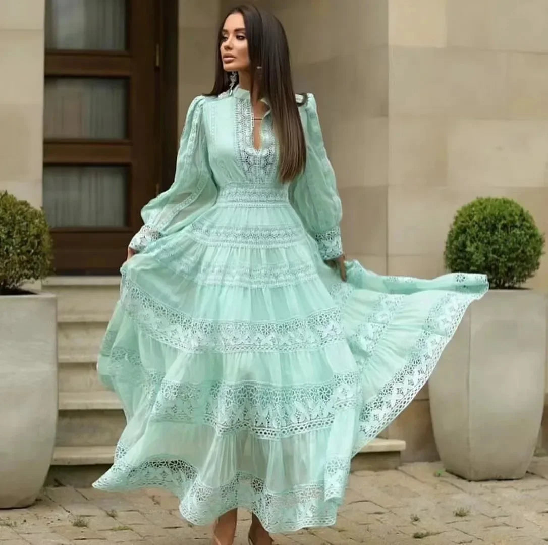 Lace Embroidered Cotton Maxi Dress – Long Sleeve Modest Wedding & Evening Gown for Women