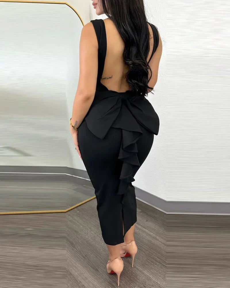 Sexy Plunging V-Neck Party Dress – Sleeveless Backless Ruffle Bodycon Midi Dress for Women