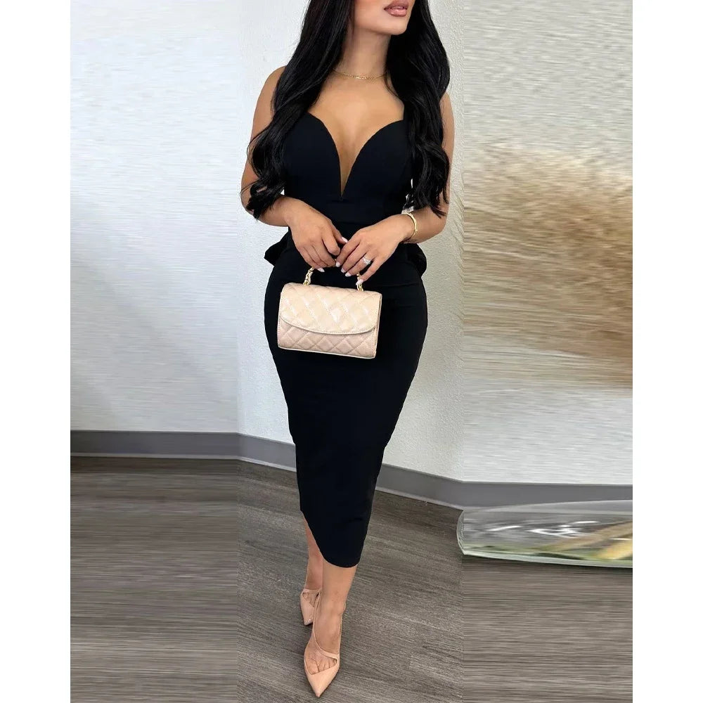 Sexy Plunging V-Neck Party Dress – Sleeveless Backless Ruffle Bodycon Midi Dress for Women