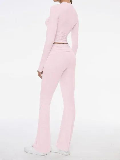 2024 Women’s 2-Piece Set - Round Neck Short Top & Low Waist Flare Pants