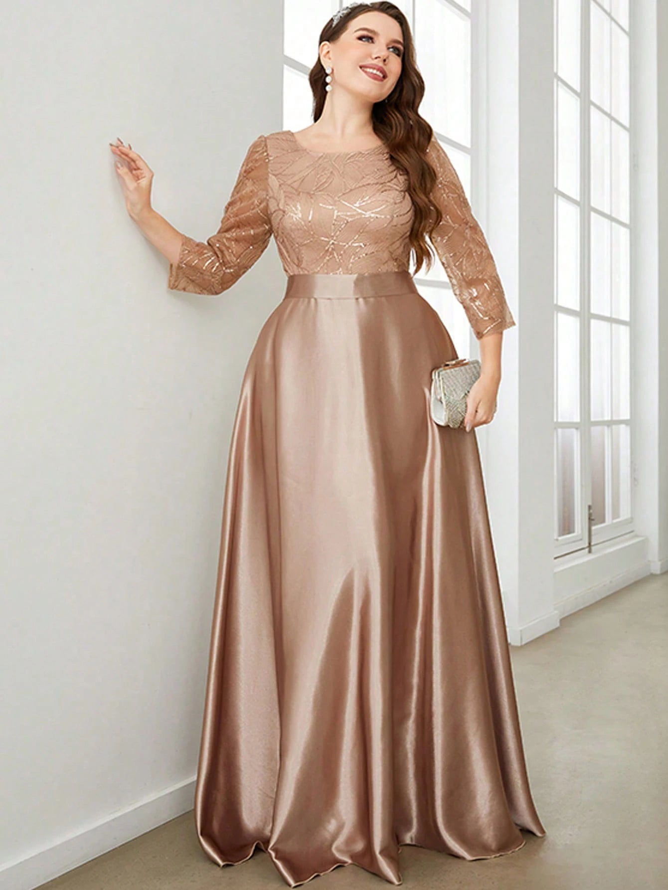 Mgiacy Sequin Patchwork Satin Gown – Crew Neck Long Sleeve Ball Party Dress