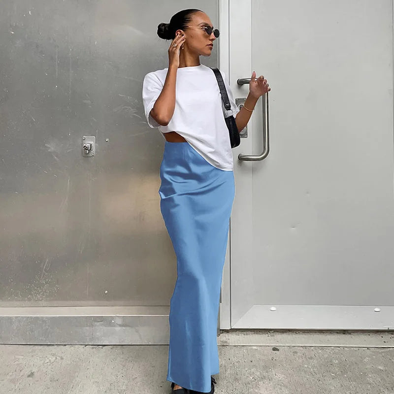 Elegant High-Waist Satin Trumpet Skirt – Women's Slim Fit Long Skirt for Office & Fashion Wear