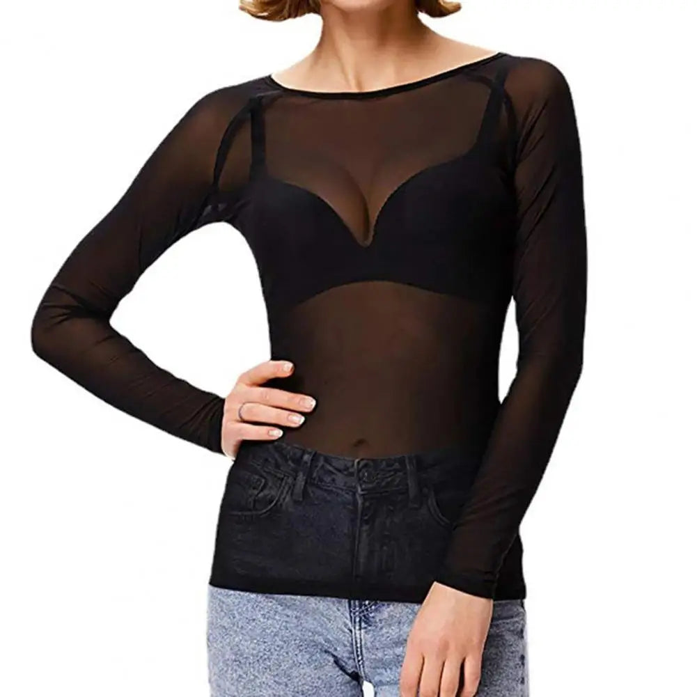Women's Sheer Mesh Long Sleeve Top – Solid Color Punk Club Shirt