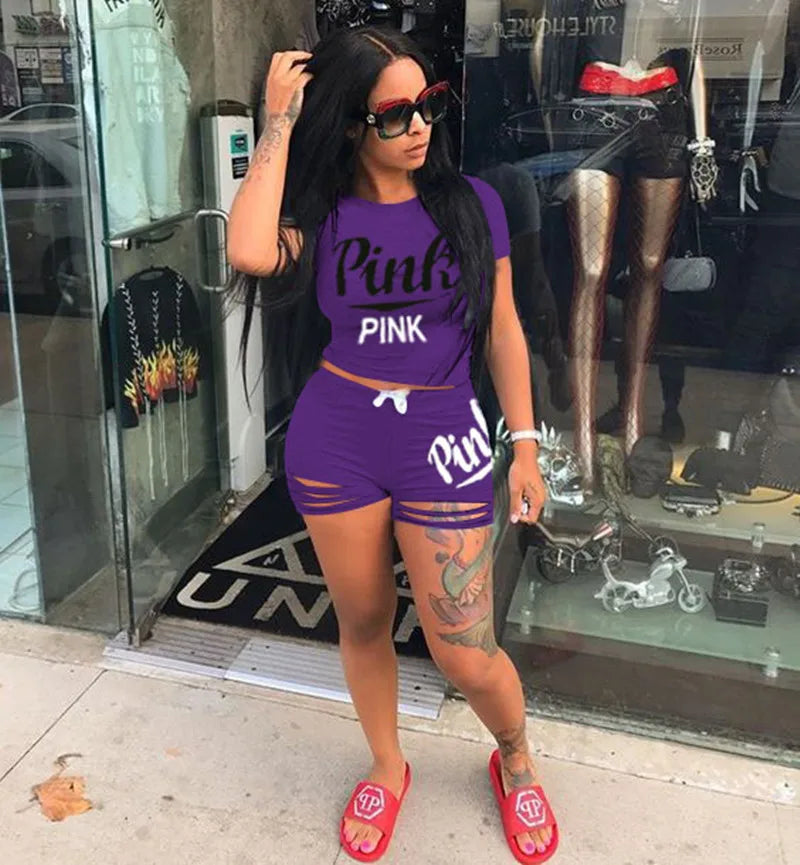 Hot Selling European & American Women's Summer Pink Letter Print Shorts Set