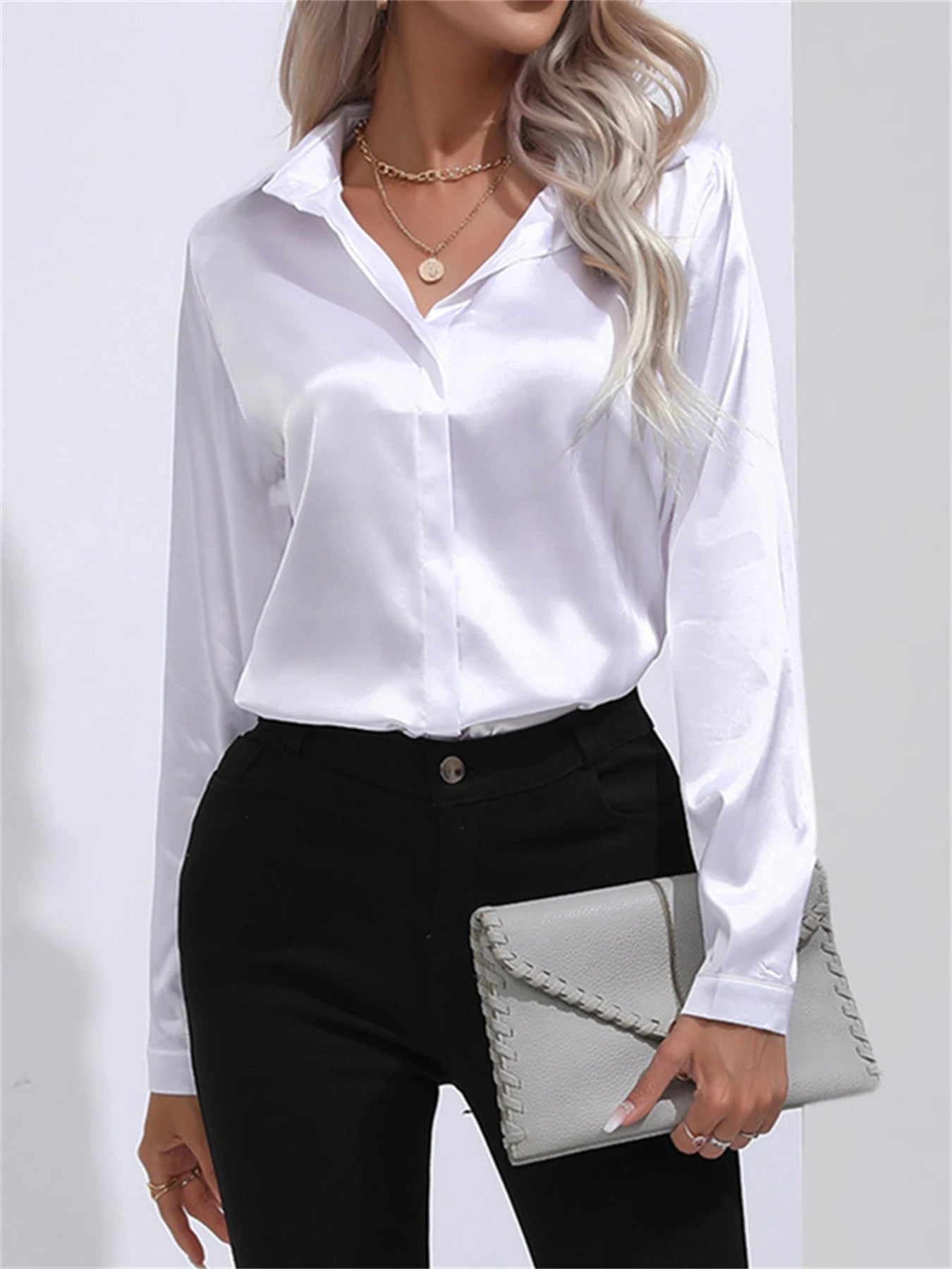 Elegant Turn-Down Collar One-Button Satin Shirt for Women