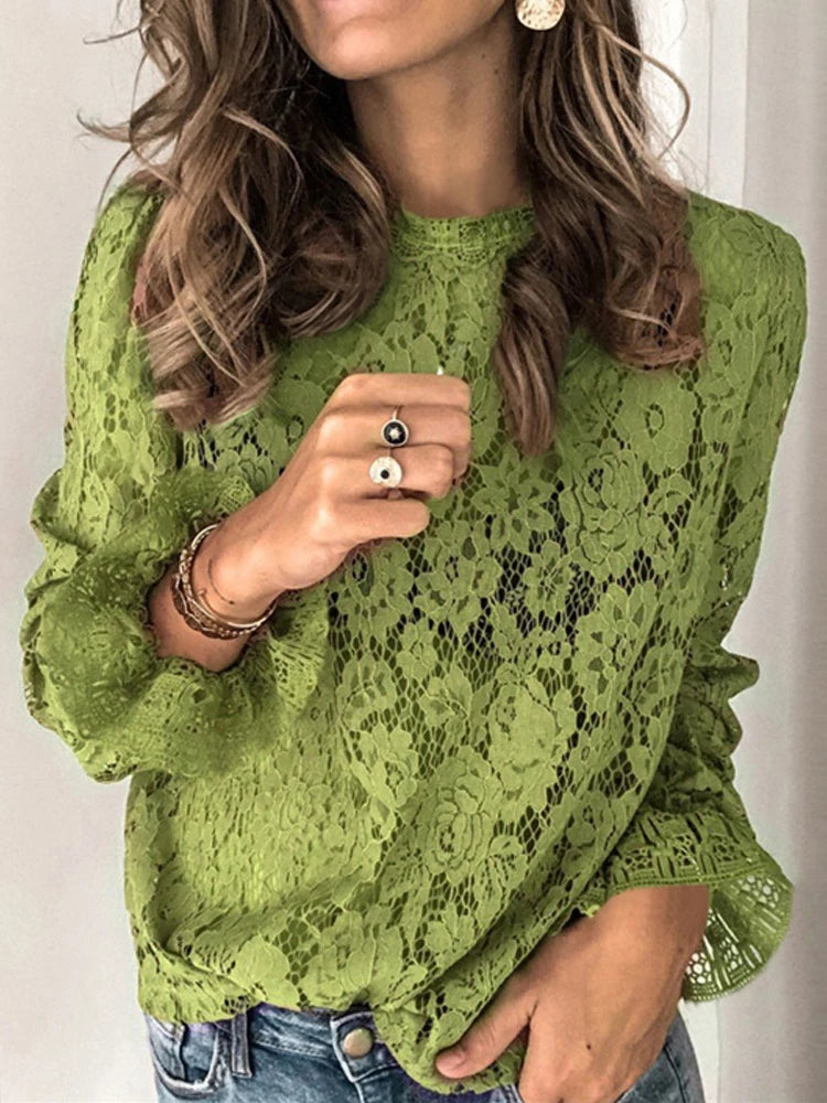 Elegant Lace Blouse – O-Neck, Flare Sleeve