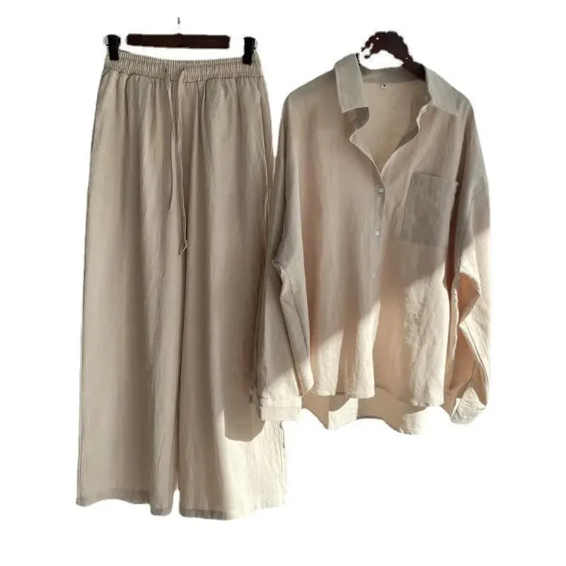 2023 Spring Summer Vintage Cotton Linen Loose Fit Trousers & Shirt Suit