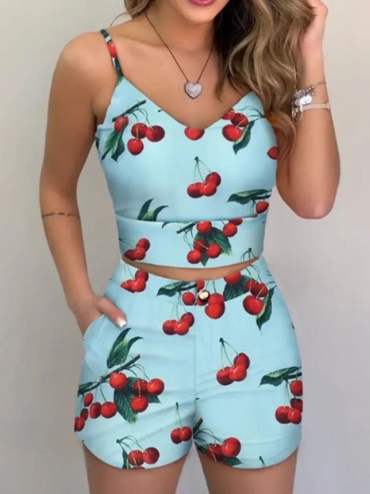 Women's Summer 2-Piece Set – Printed Spaghetti Strap Crop Top & Shorts