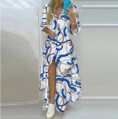 Boho Printed Long Shirt Dress – Turn-Down Collar Long Sleeve Maxi Dress for Women