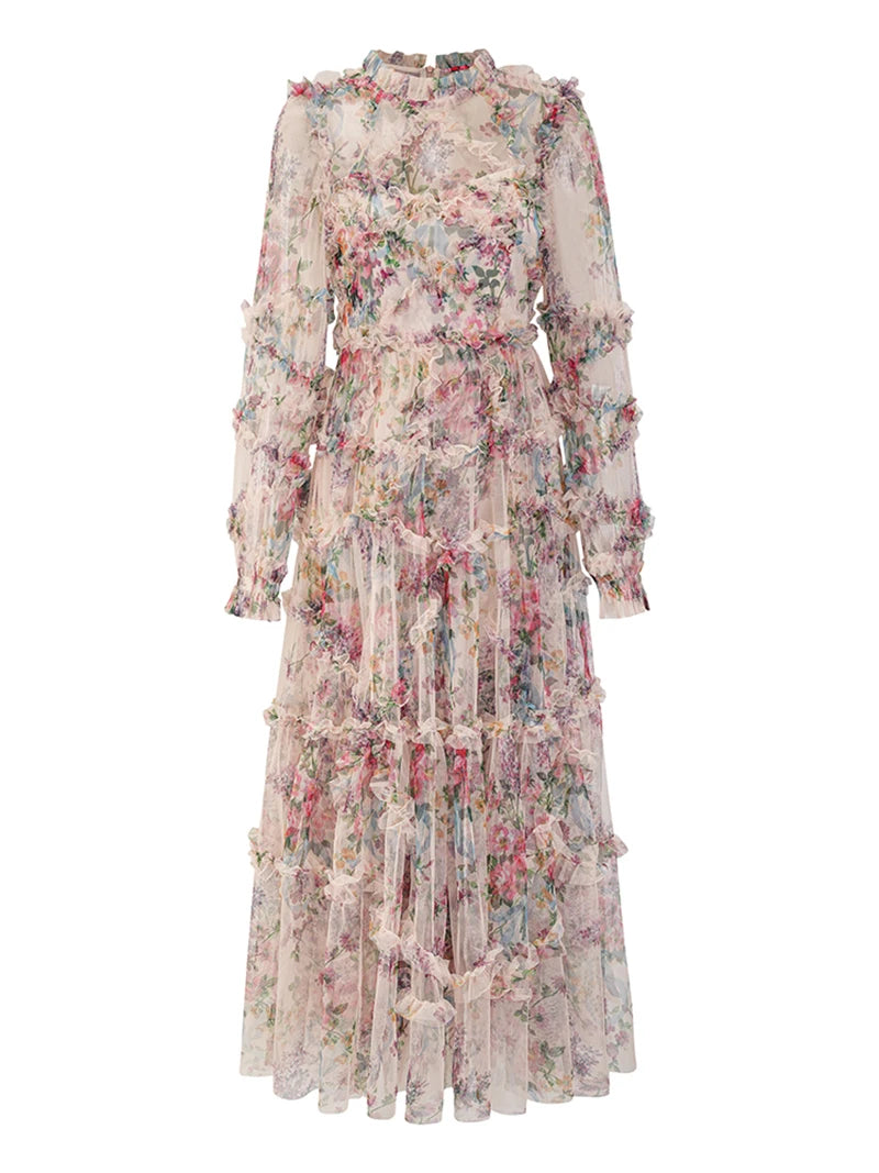 Elegant Lace Floral Prom Dress – Pleated Long Sleeve Gala Evening Dress for Women