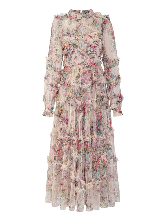 Elegant Lace Floral Prom Dress – Pleated Long Sleeve Gala Evening Dress for Women