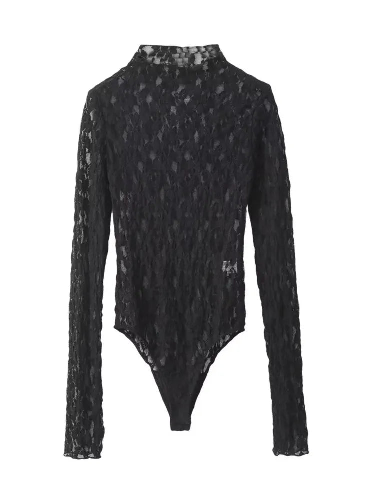 Sexy Sheer Lace Bodysuit – Women's Slim Fit Mock Neck Long-Sleeve Playsuit for Spring 2024