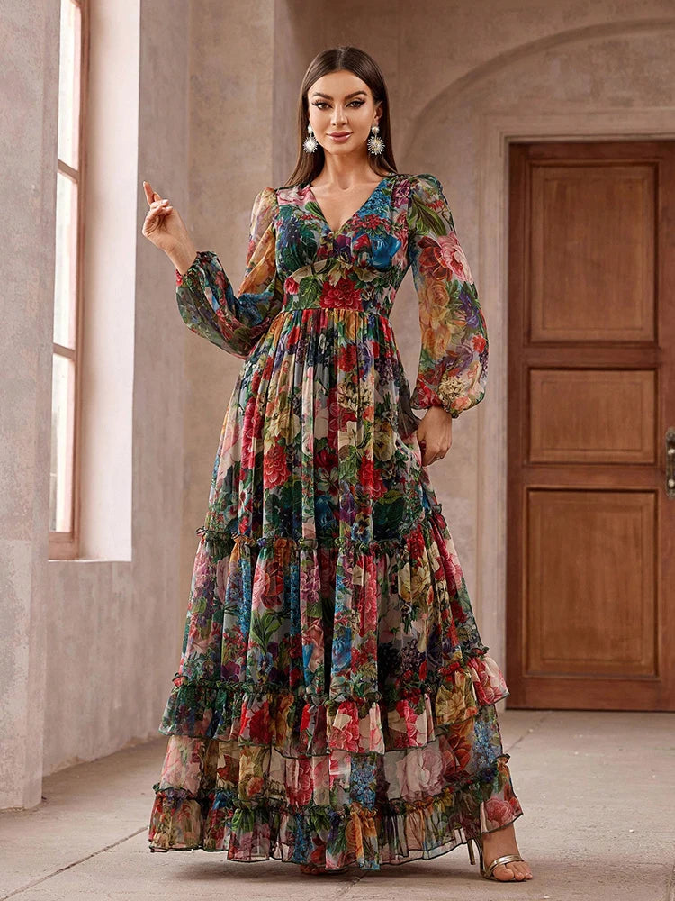 TOLEEN Boho Floral Frill Maxi Dress