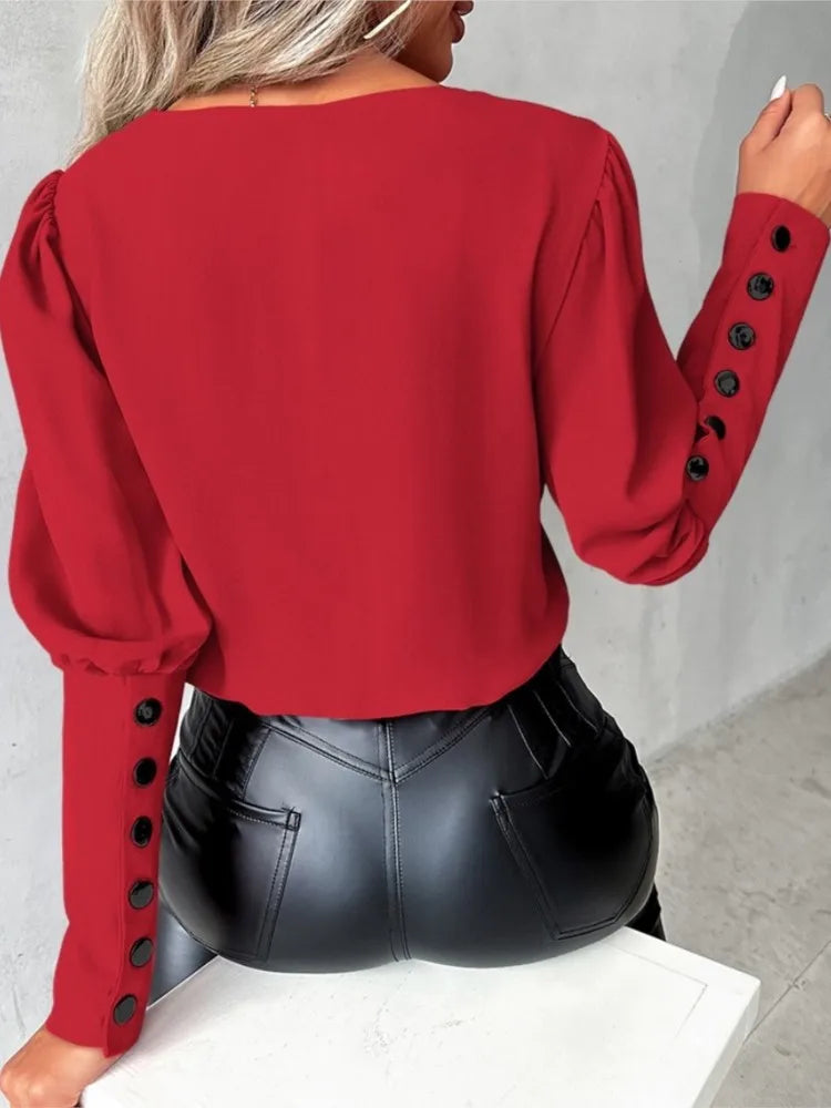 Elegant V-Neck Blouse – Long Sleeve & Casual Fit