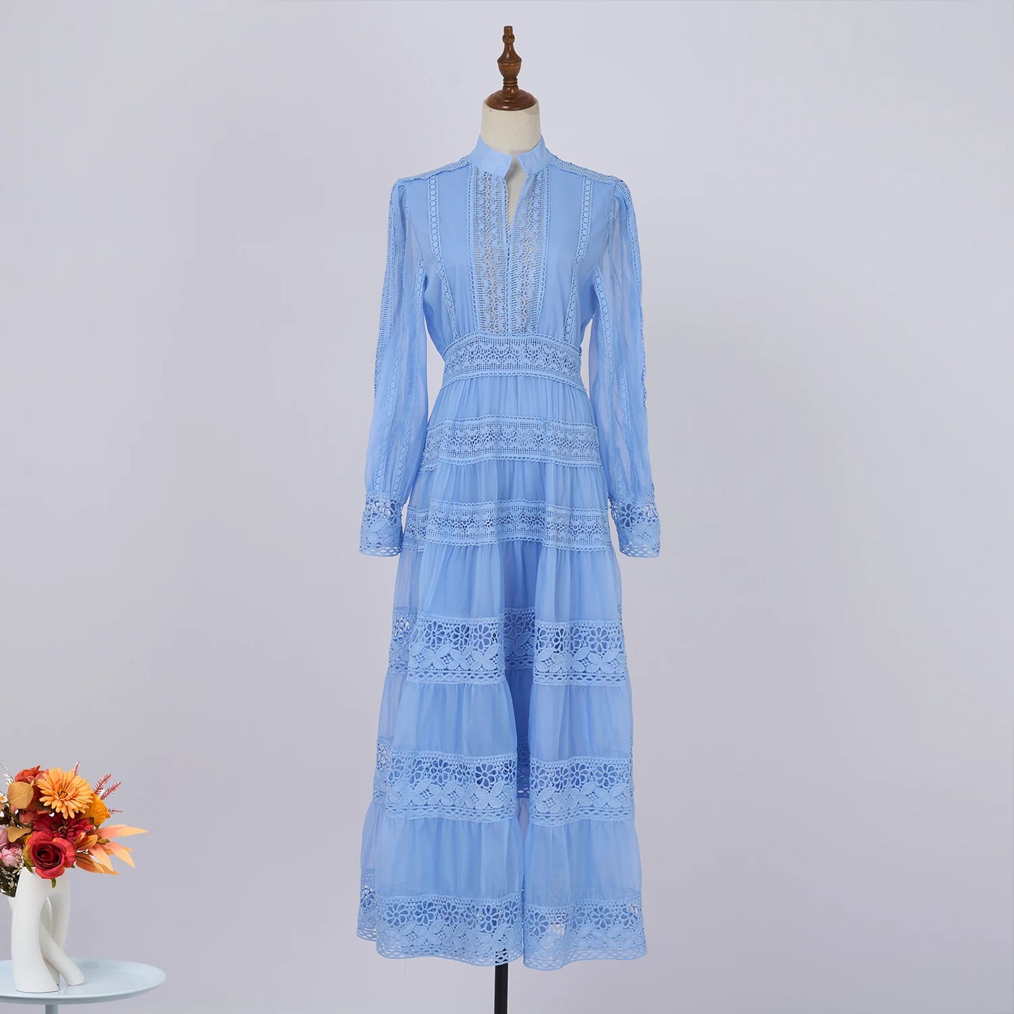 Lace Embroidered Cotton Maxi Dress – Long Sleeve Modest Wedding & Evening Gown for Women