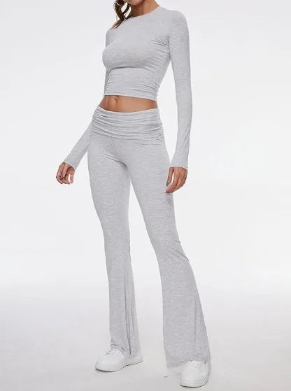 2024 Women’s 2-Piece Set - Round Neck Short Top & Low Waist Flare Pants