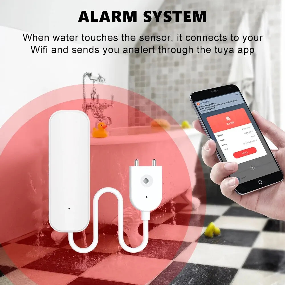 Smart WiFi Water Leak Detector – Tuya Flood Alarm with Overflow Alert, Water Level Monitoring, and Smart Home App Control