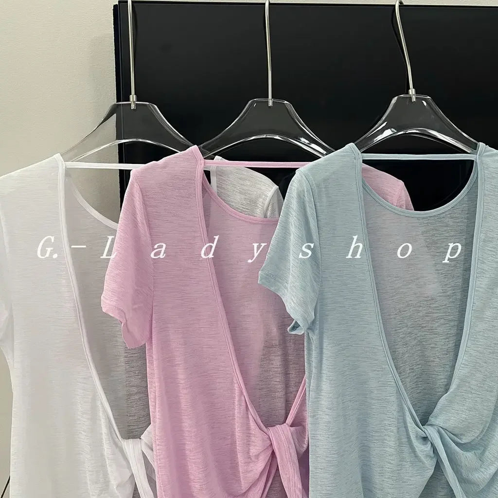 Breathable Hollow Out Viewable Bamboo Silk Yoga Top Sun Protection Thin Open-back Sports T-shirt Crew Neck Fitness Wear