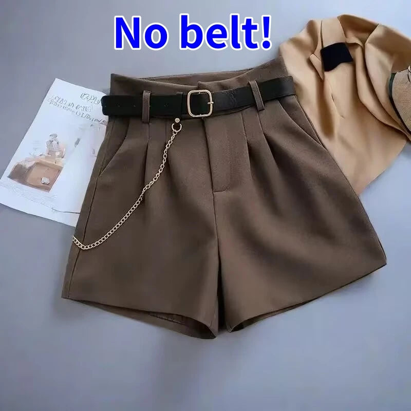 Elegant High-Waist Woolen Shorts – Women's Belted A-Line Wide-Leg Shorts for Autumn & Winter
