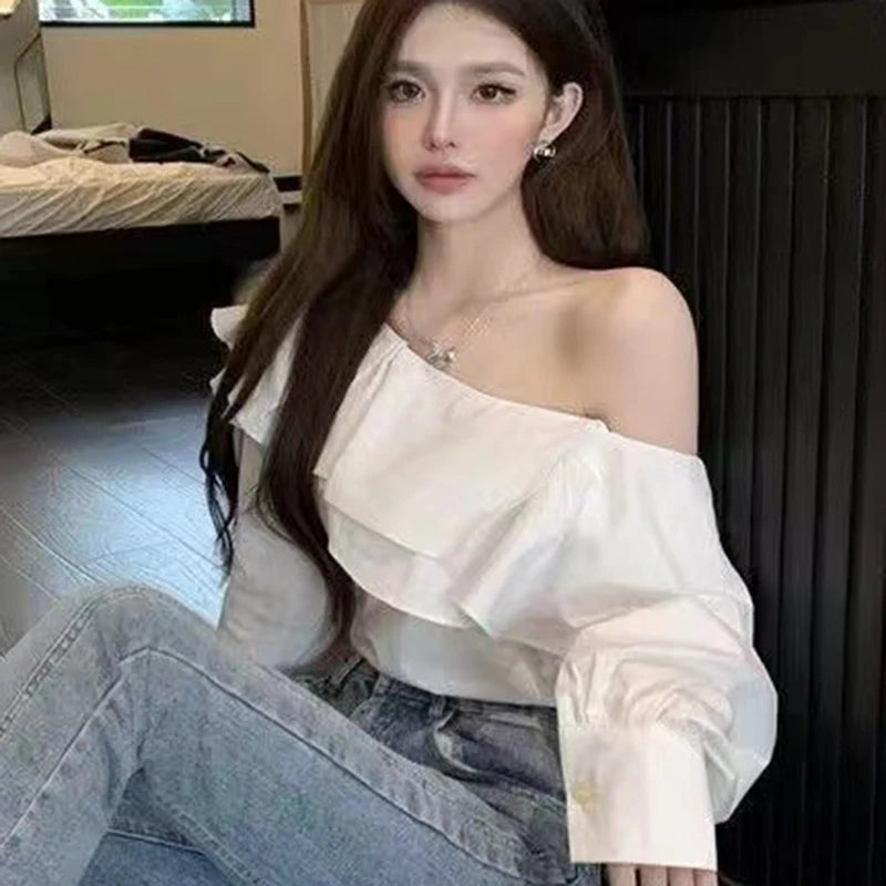 Vintage Off-Shoulder Ruffled Blouse – Women's Elegant Long-Sleeve Slim Fit Top