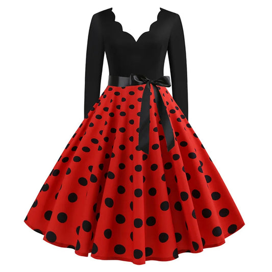 Vintage Polka Dot Dress – Long Sleeve 3XL Party Dress for Women
