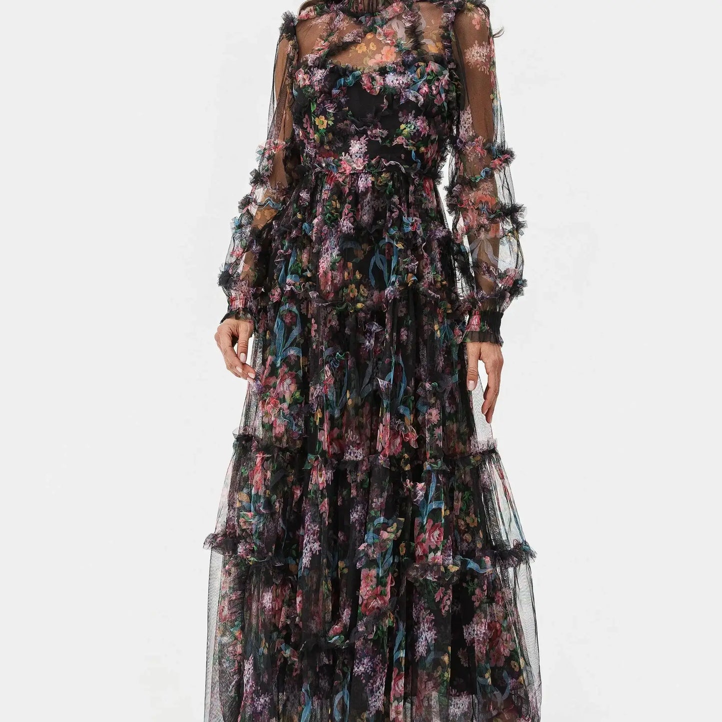 Elegant Lace Ruffle Mesh Gown