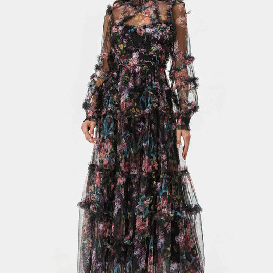 Elegant Lace Ruffle Mesh Gown